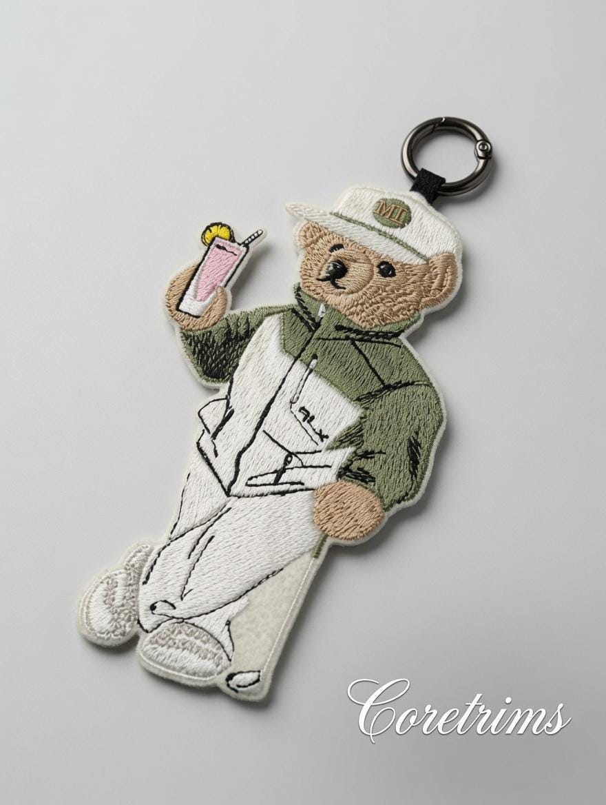 Cool Teddy Bear Keychain – Drink & Cap Embroidered Bag Charm Keyring, Summer Vibes Bear