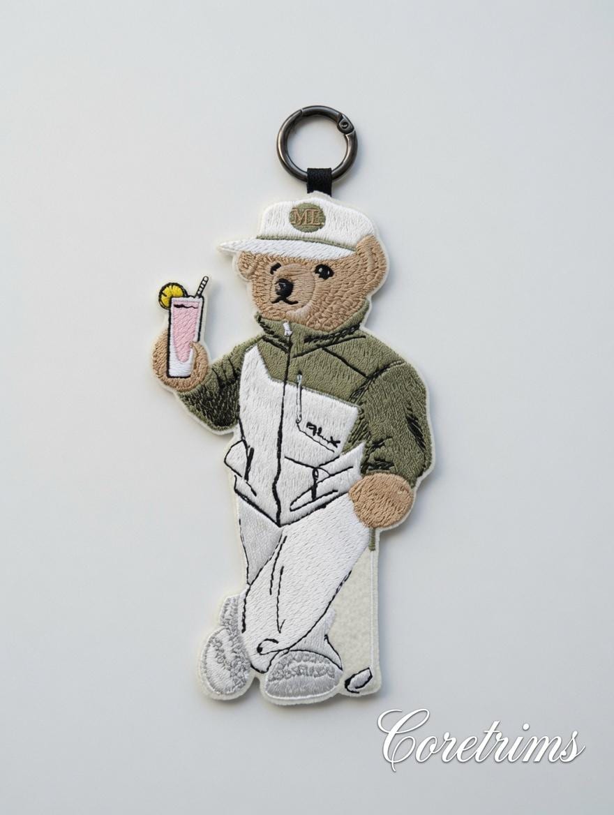 Cool Teddy Bear Keychain – Drink & Cap Embroidered Bag Charm Keyring, Summer Vibes Bear