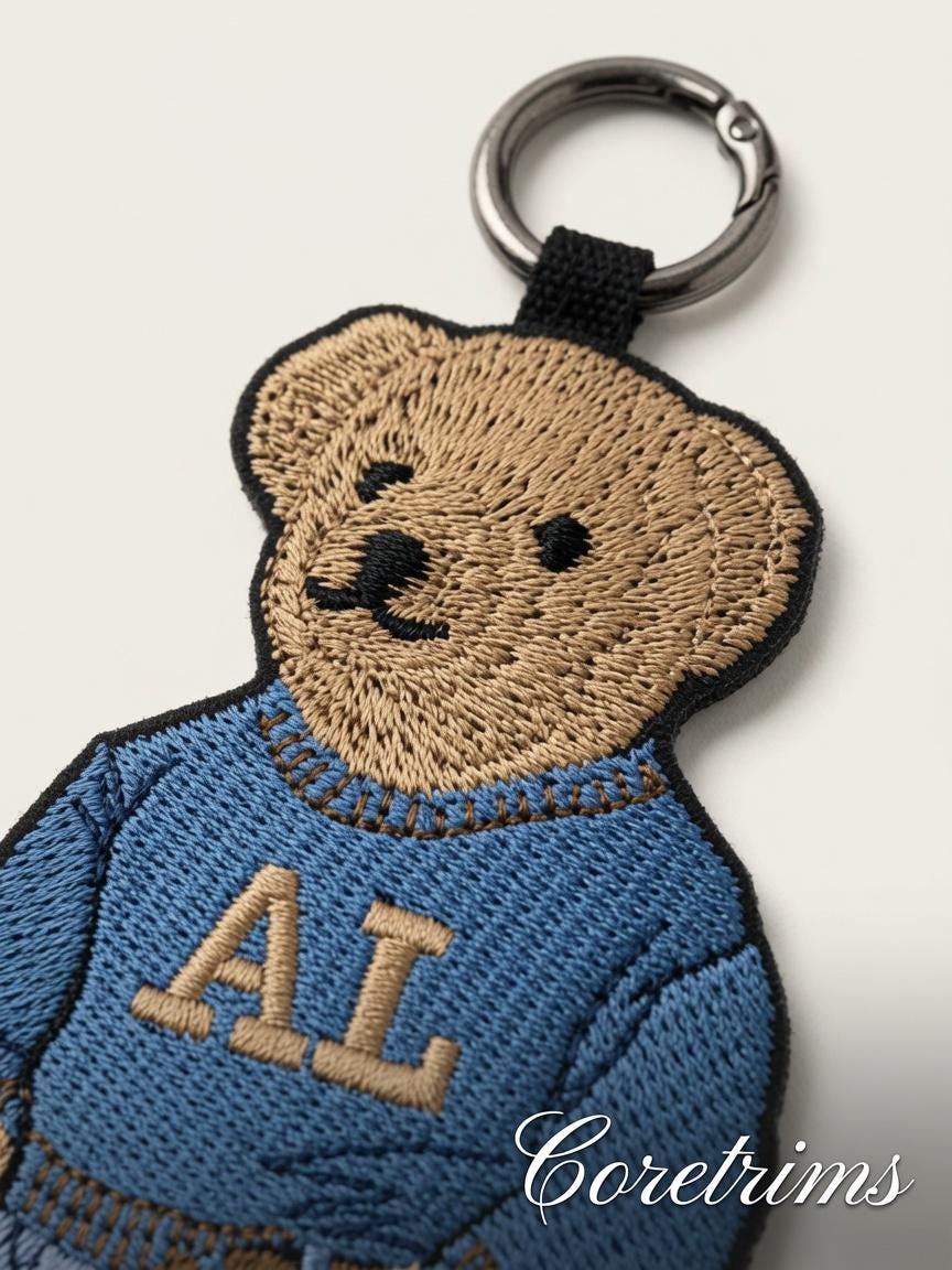 Polo Teddy Bear Keychain – Blue Sweater with AL Embroidery, Embroidered Bag Charm Keyring