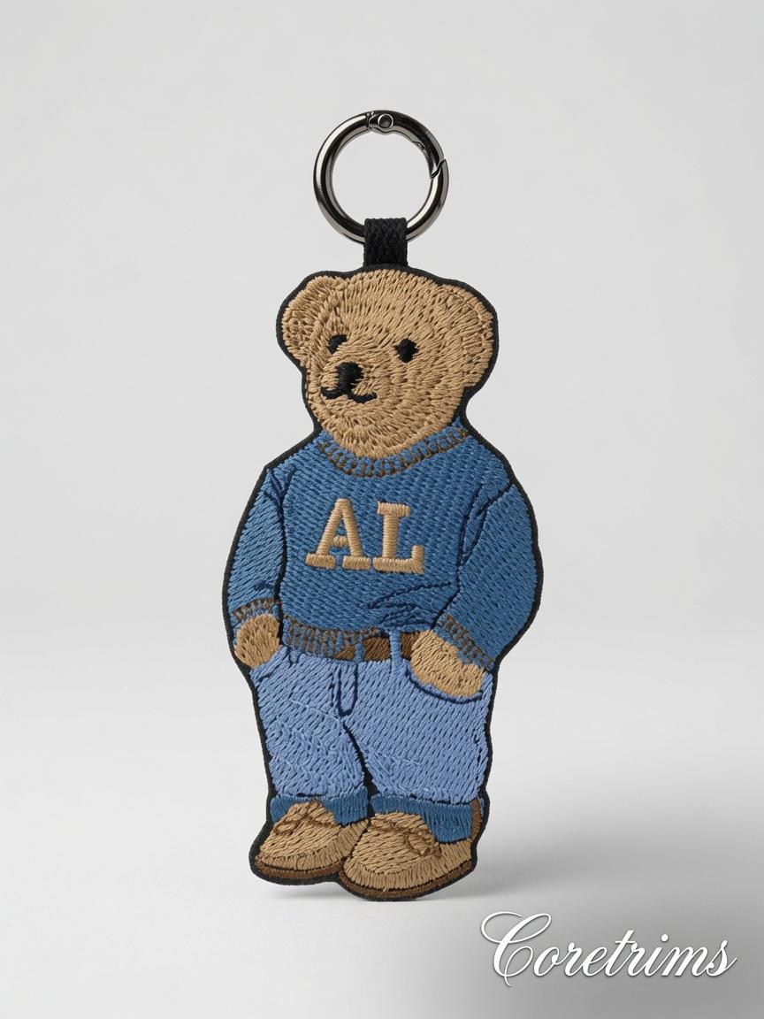 Polo Teddy Bear Keychain – Blue Sweater with AL Embroidery, Embroidered Bag Charm Keyring