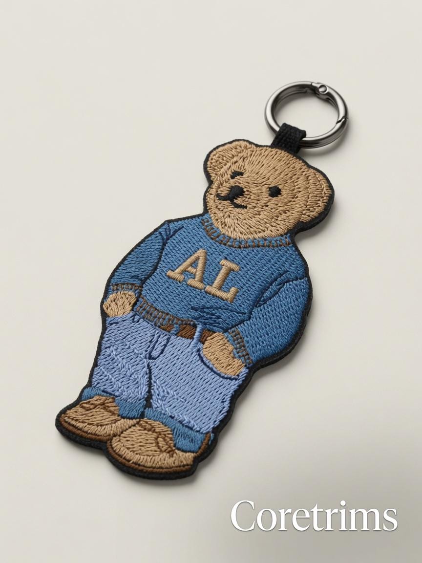 Polo Teddy Bear Keychain – Blue Sweater with AL Embroidery, Embroidered Bag Charm Keyring