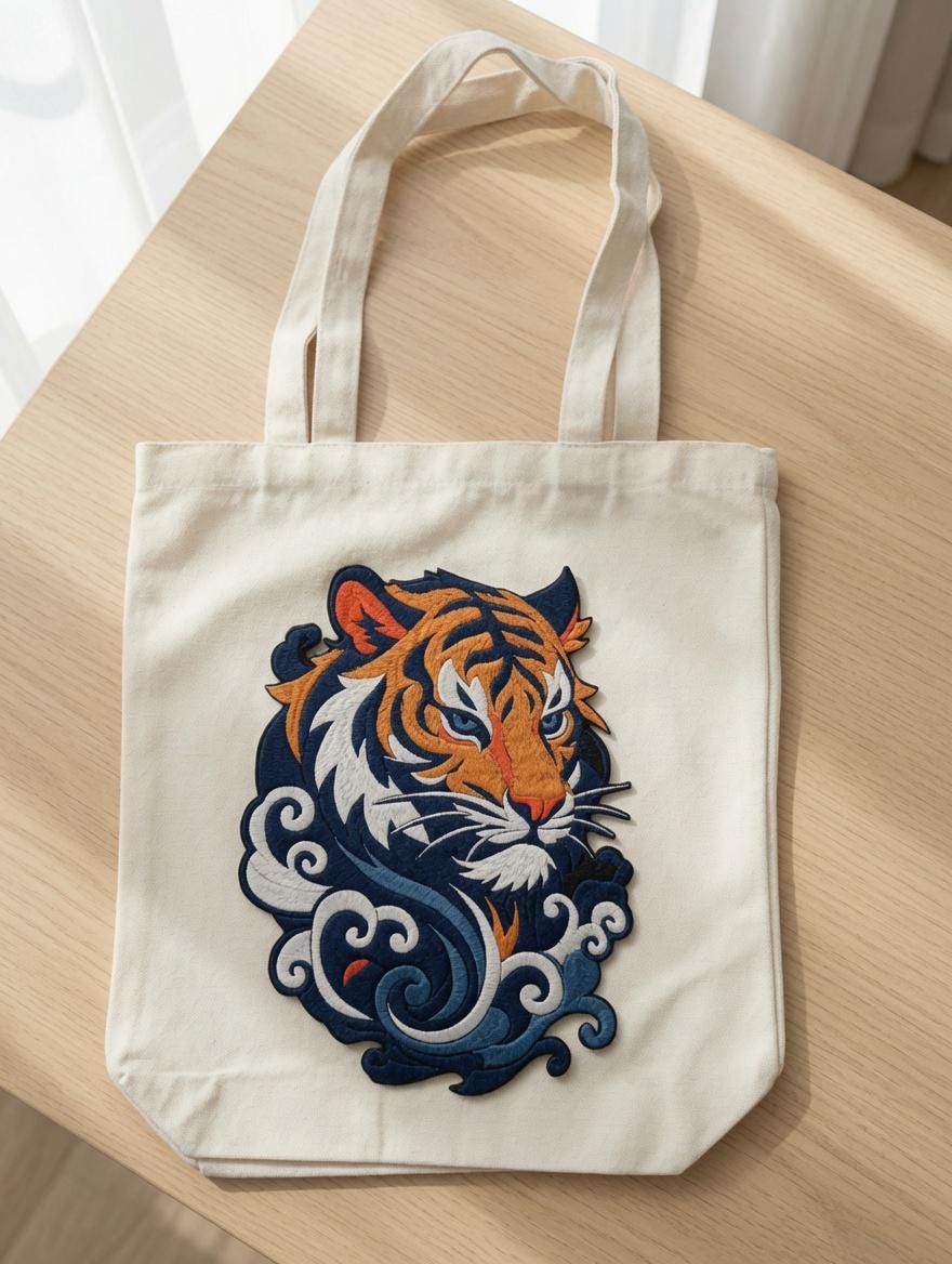 Custom Embroidered Tiger Tote Bag Chinese Style Tiger Head Canvas Shoulder Bag Trendy Shopping Gift Made to Order