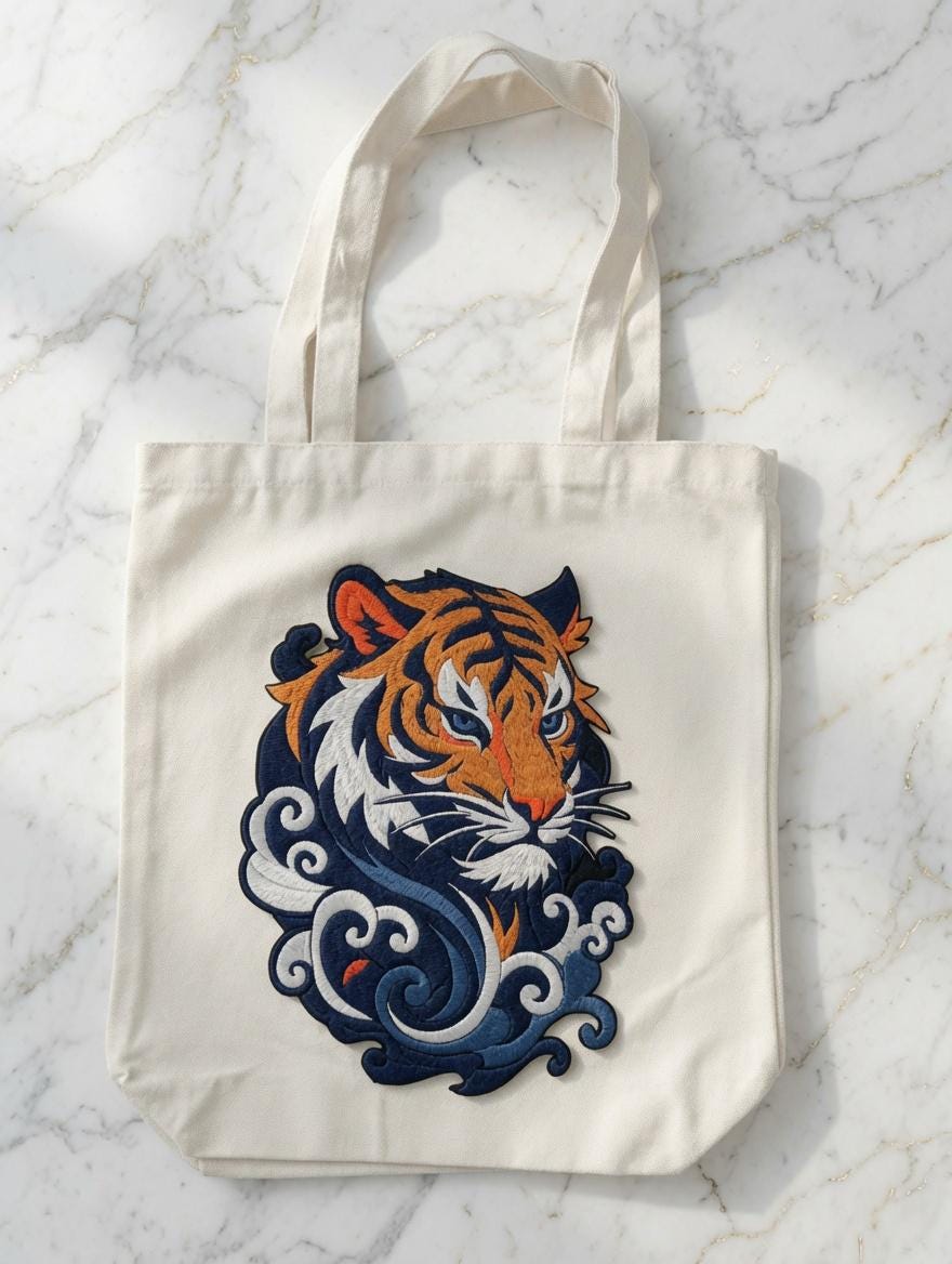 Custom Embroidered Tiger Tote Bag Chinese Style Tiger Head Canvas Shoulder Bag Trendy Shopping Gift Made to Order