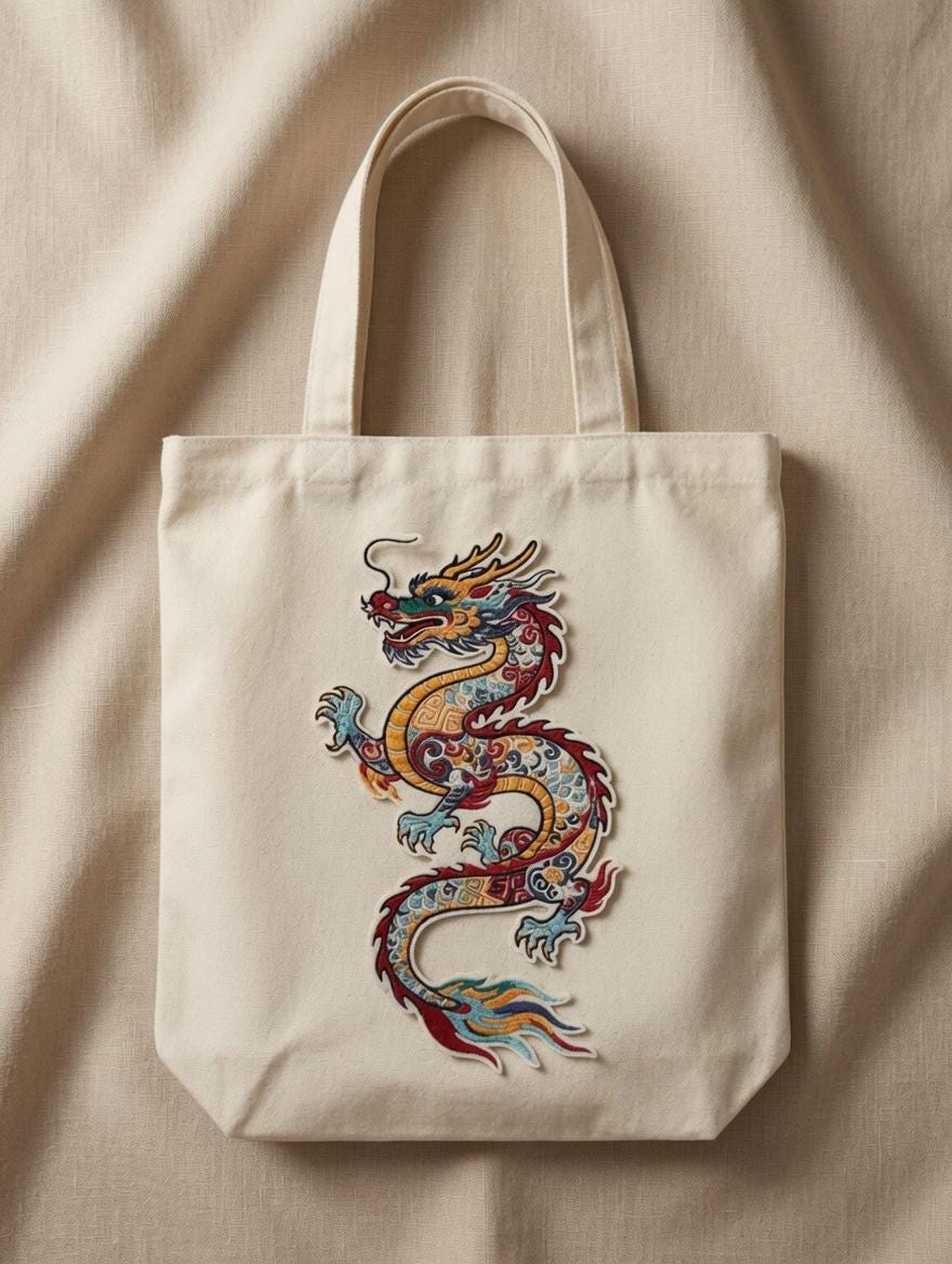 Custom Embroidered Colorful Chinese Dragon Tote Bag Golden Multi-Color Dragon Canvas Bag Traditional Cultural Gift