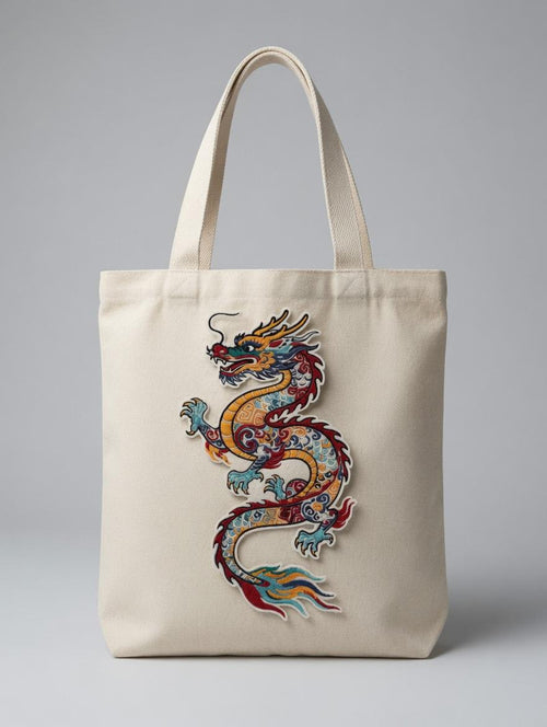 Custom Embroidered Colorful Chinese Dragon Tote Bag Golden Multi-Color Dragon Canvas Bag Traditional Cultural Gift