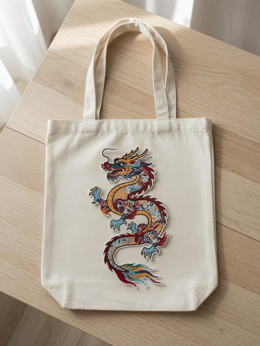 Custom Embroidered Colorful Chinese Dragon Tote Bag Golden Multi-Color Dragon Canvas Bag Traditional Cultural Gift