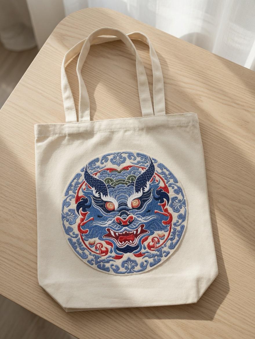 Custom Embroidered Circular Chinese Dragon Tote Bag Blue Red Mythical Beast Medallion Canvas Bag Traditional Cultural Gift