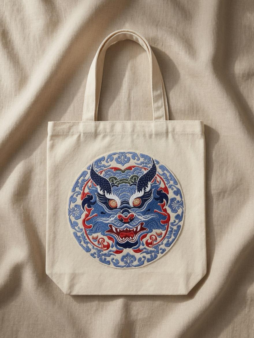 Custom Embroidered Circular Chinese Dragon Tote Bag Blue Red Mythical Beast Medallion Canvas Bag Traditional Cultural Gift