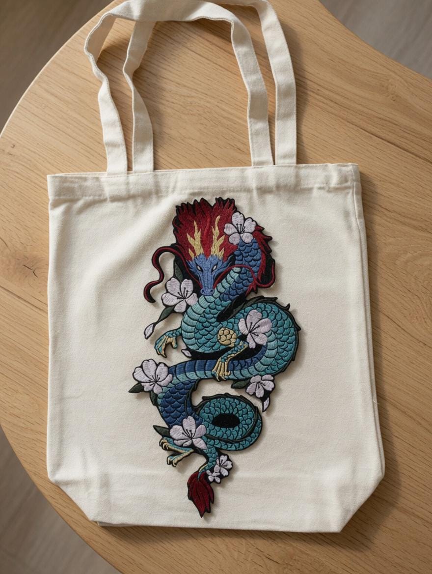 Custom Embroidered Chinese Dragon Tote Bag Blue Dragon Canvas Bag Traditional Floral Dragon Shoulder Bag Cultural Gift