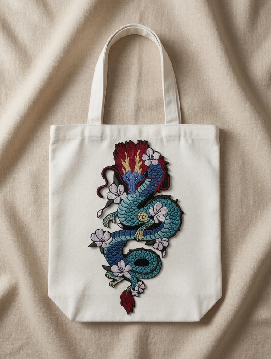 Custom Embroidered Chinese Dragon Tote Bag Blue Dragon Canvas Bag Traditional Floral Dragon Shoulder Bag Cultural Gift