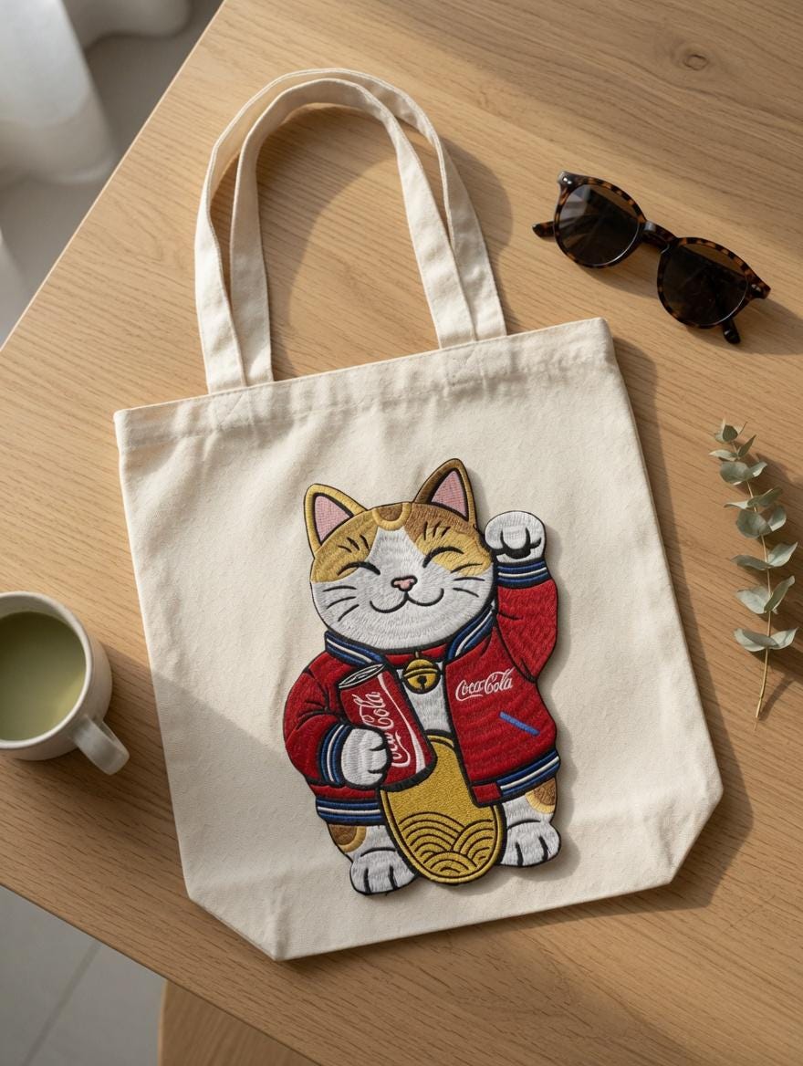 Custom Embroidered Lucky Cat Tote Bag Maneki-neko Coca-Cola Canvas Bag Fortune Cat Shoulder Bag Gift