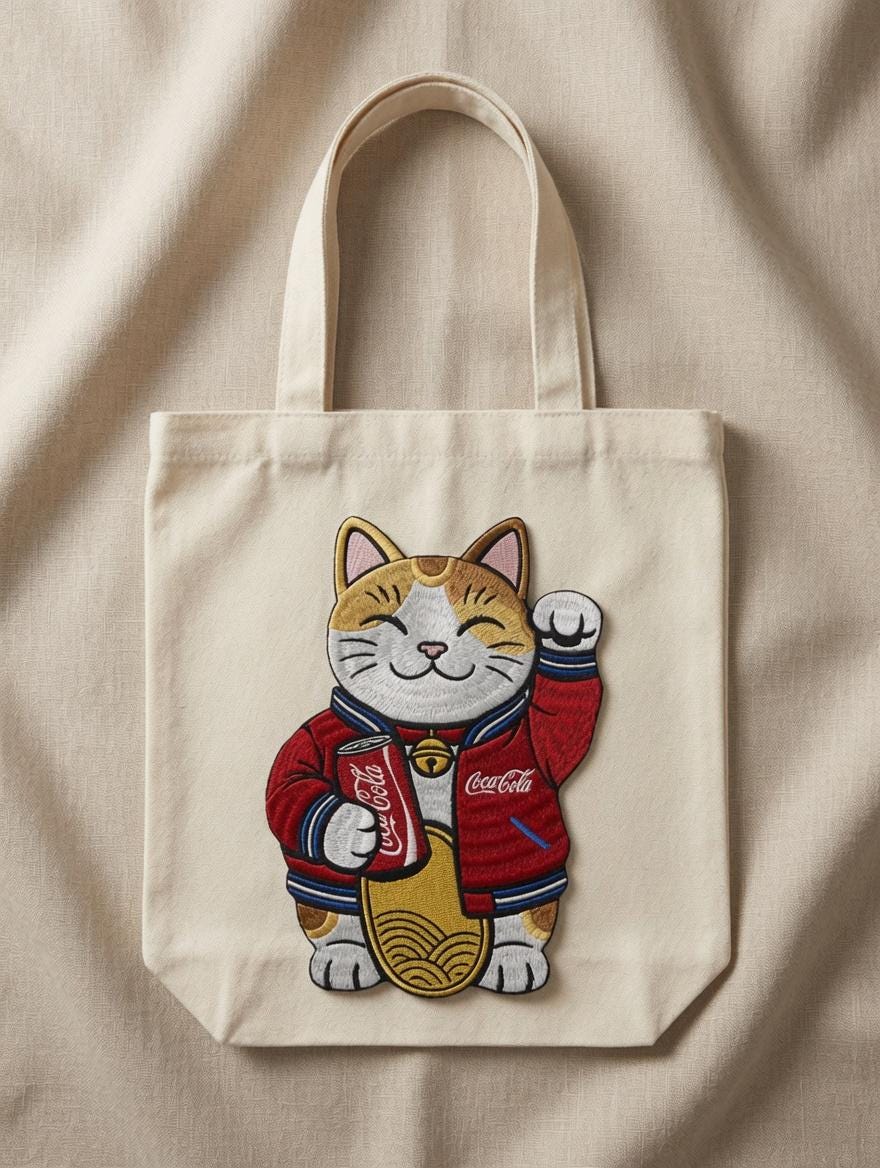 Custom Embroidered Lucky Cat Tote Bag Maneki-neko Coca-Cola Canvas Bag Fortune Cat Shoulder Bag Gift