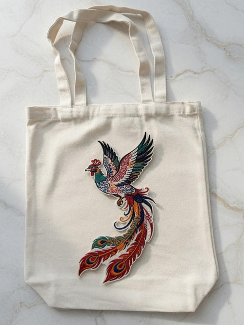 Custom Embroidered Colorful Phoenix Tote Bag Multi-Color Fenghuang Canvas Bag Traditional Mythical Bird Cultural Gift