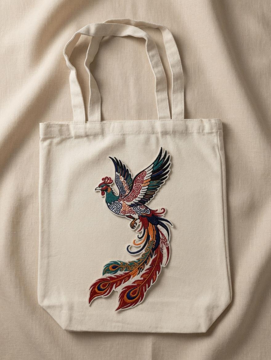 Custom Embroidered Colorful Phoenix Tote Bag Multi-Color Fenghuang Canvas Bag Traditional Mythical Bird Cultural Gift