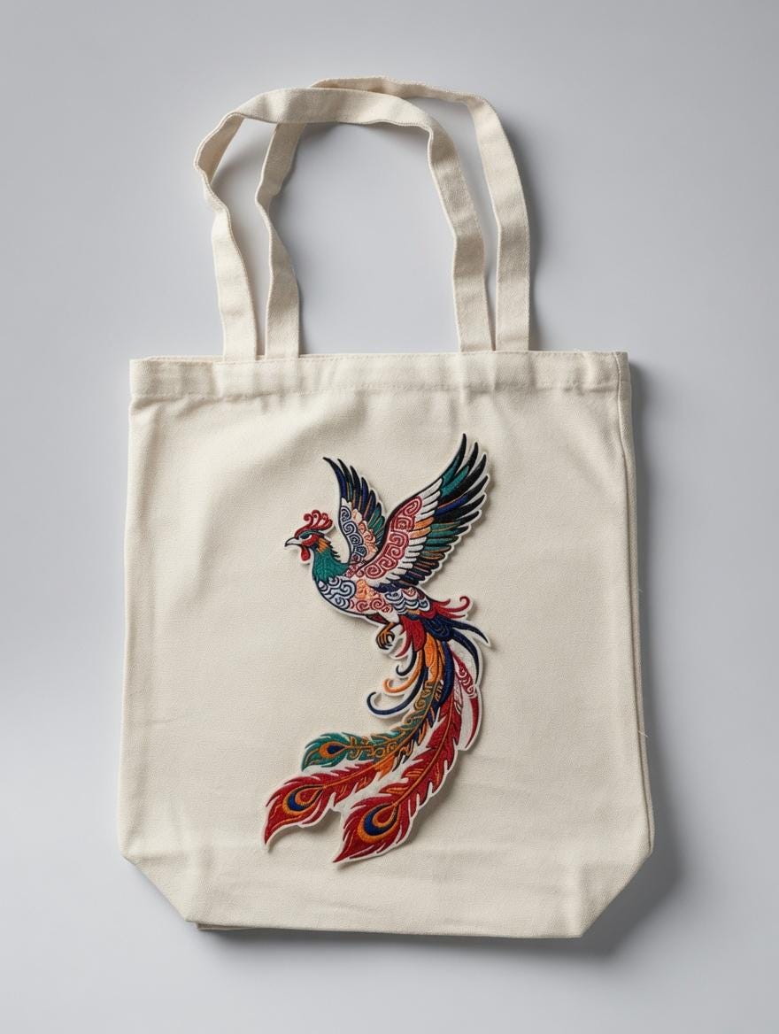Custom Embroidered Colorful Phoenix Tote Bag Multi-Color Fenghuang Canvas Bag Traditional Mythical Bird Cultural Gift