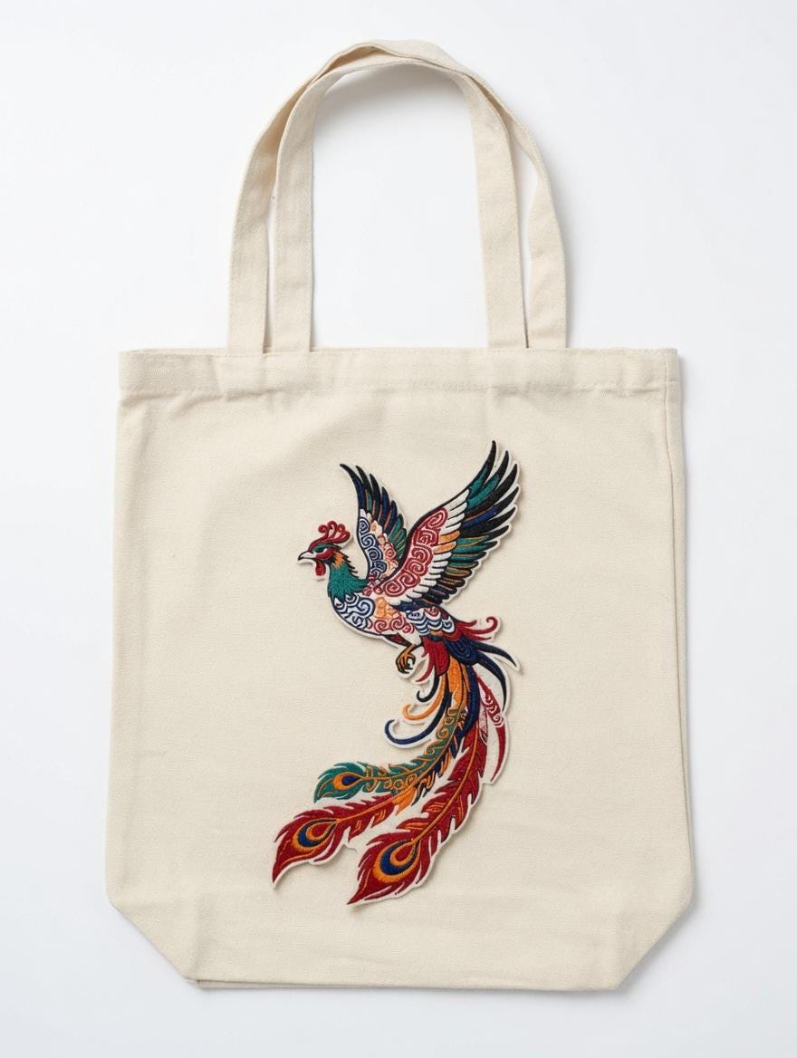 Custom Embroidered Colorful Phoenix Tote Bag Multi-Color Fenghuang Canvas Bag Traditional Mythical Bird Cultural Gift