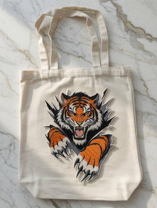 Custom Embroidered Fierce Tiger Tote Bag Ripped Tiger Canvas Bag Powerful Tiger Head Shoulder Bag Strength Gift