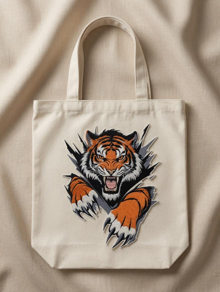 Custom Embroidered Fierce Tiger Tote Bag Ripped Tiger Canvas Bag Powerful Tiger Head Shoulder Bag Strength Gift