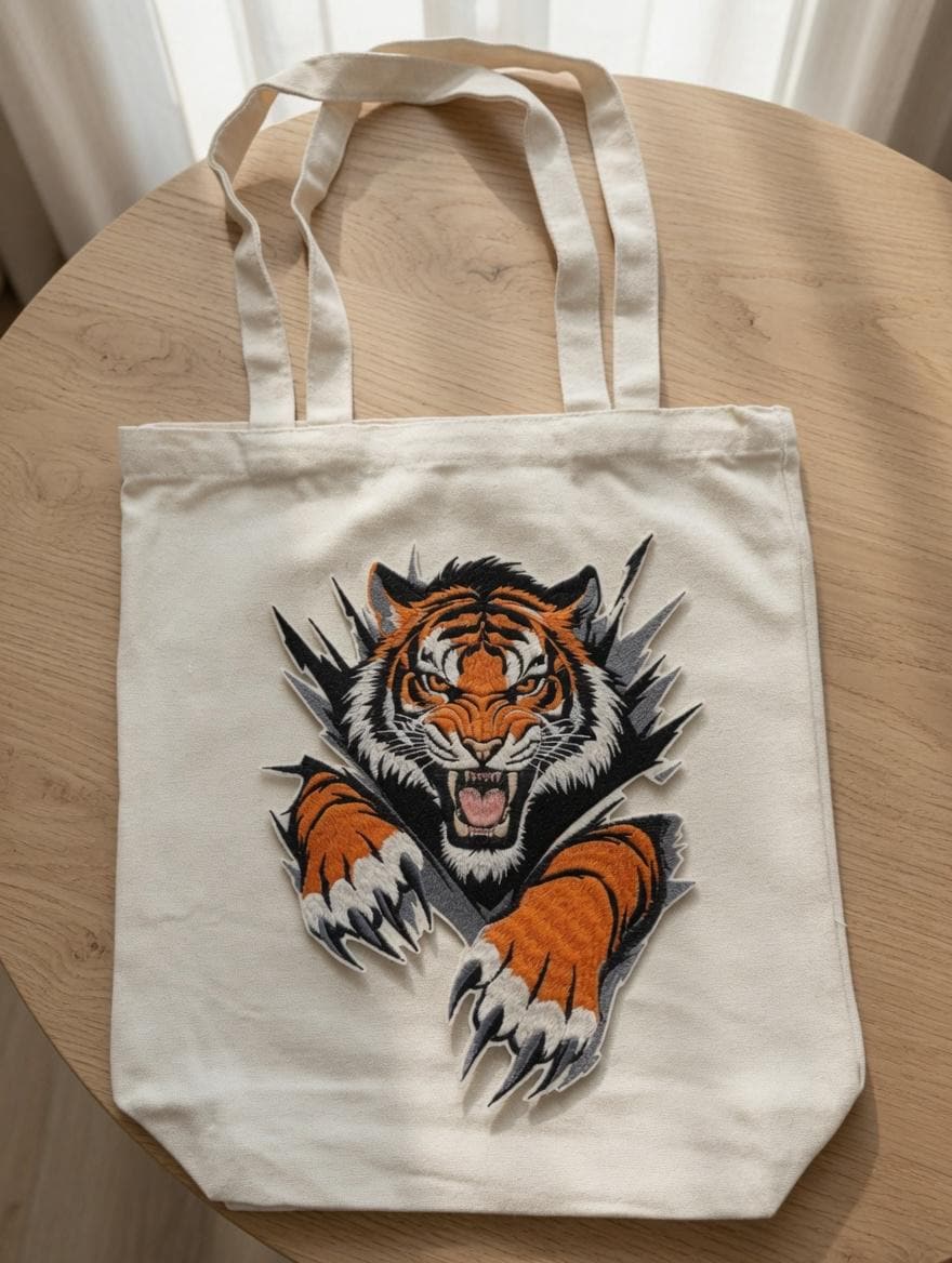 Custom Embroidered Fierce Tiger Tote Bag Ripped Tiger Canvas Bag Powerful Tiger Head Shoulder Bag Strength Gift