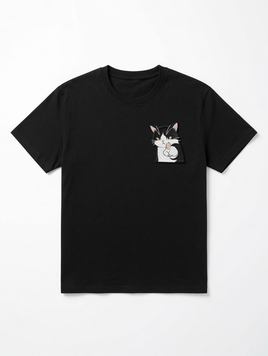 Custom Embroidered Cat Black T-Shirt Sassy Black White Cat Pocket Tee Funny Graphic Shirt Gift Made to Order