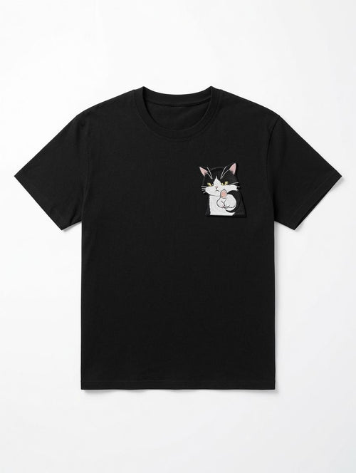 Custom Embroidered Cat Black T-Shirt Sassy Black White Cat Pocket Tee Funny Graphic Shirt Gift Made to Order