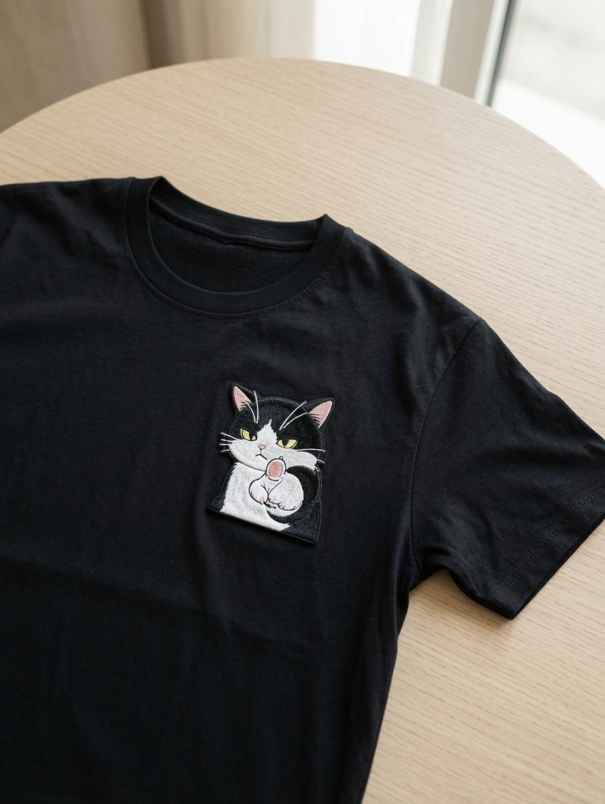 Custom Embroidered Cat Black T-Shirt Sassy Black White Cat Pocket Tee Funny Graphic Shirt Gift Made to Order