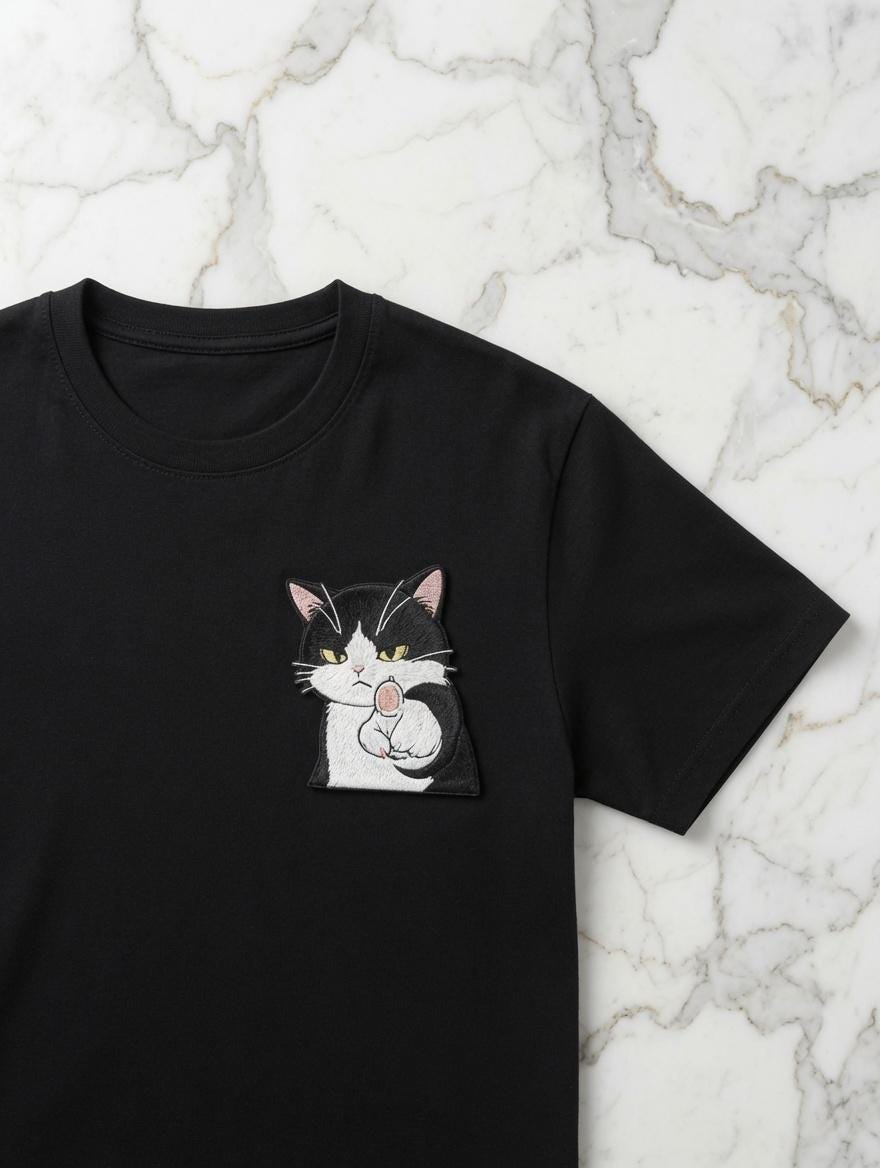 Custom Embroidered Cat Black T-Shirt Sassy Black White Cat Pocket Tee Funny Graphic Shirt Gift Made to Order