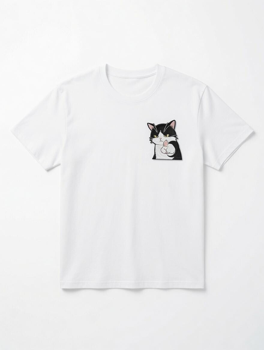 Custom Embroidered Cat Black T-Shirt Sassy Black White Cat Pocket Tee Funny Graphic Shirt Gift Made to Order