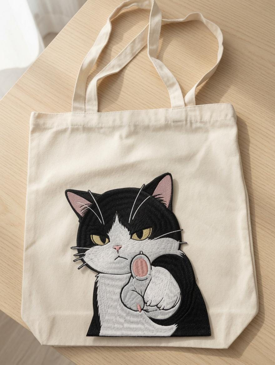 Custom Embroidered  Cat Tote Bag Sassy Black White Cat Canvas Bag Funny Gesture Gift Made to Order