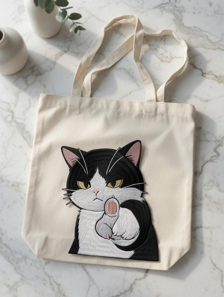 Custom Embroidered  Cat Tote Bag Sassy Black White Cat Canvas Bag Funny Gesture Gift Made to Order