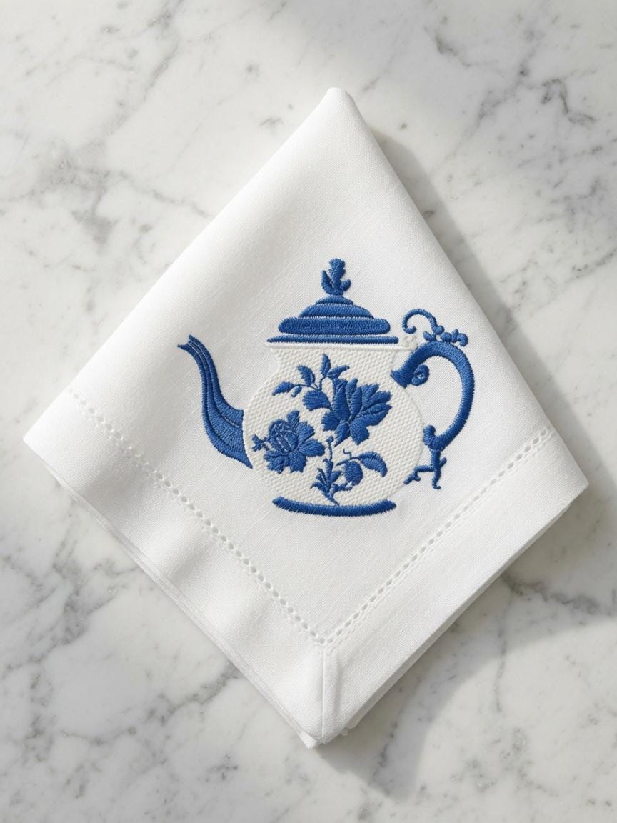 Set of 2 pcs Custom Embroidered Blue Teapot Napkin Vintage Floral Teapot Cloth Handkerchief Elegant Table Setting Gift Made to Order