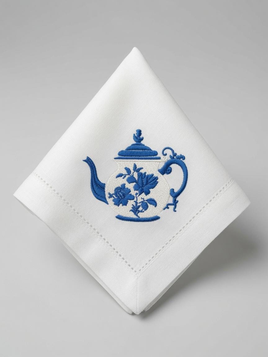 Set of 2 pcs Custom Embroidered Blue Teapot Napkin Vintage Floral Teapot Cloth Handkerchief Elegant Table Setting Gift Made to Order