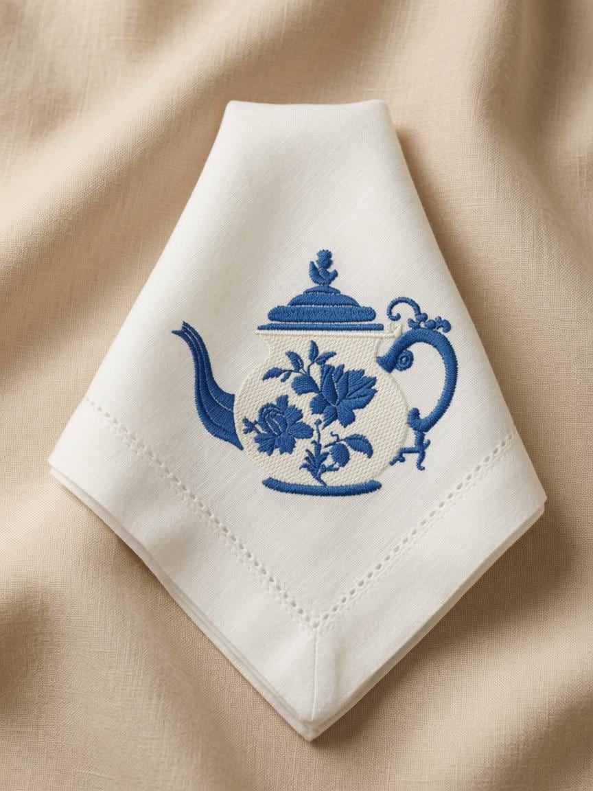 Set of 2 pcs Custom Embroidered Blue Teapot Napkin Vintage Floral Teapot Cloth Handkerchief Elegant Table Setting Gift Made to Order