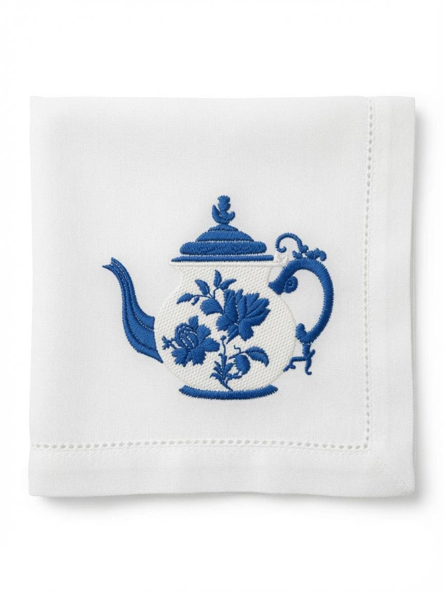 Set of 2 pcs Custom Embroidered Blue Teapot Napkin Vintage Floral Teapot Cloth Handkerchief Elegant Table Setting Gift Made to Order