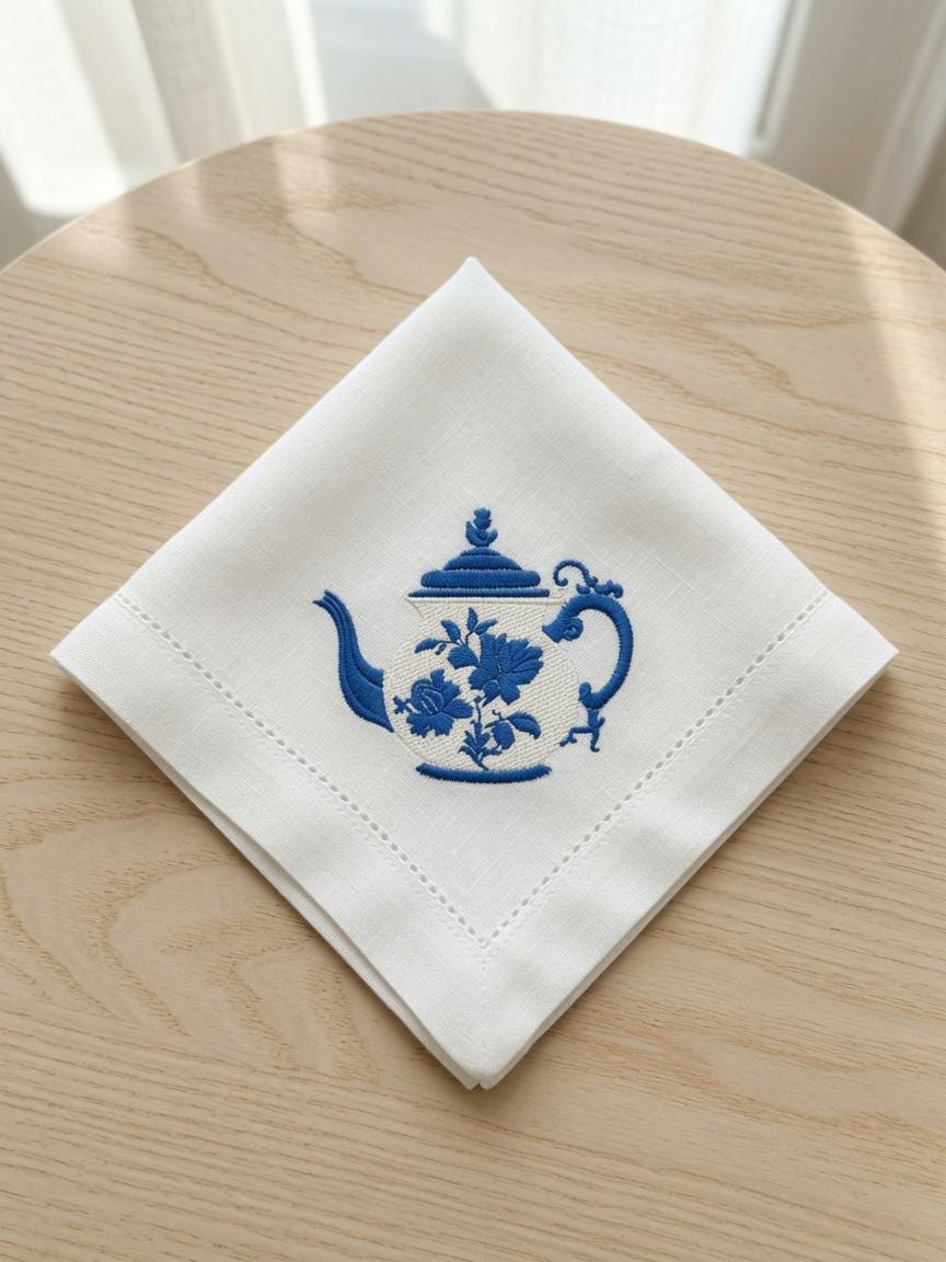 Set of 2 pcs Custom Embroidered Blue Teapot Napkin Vintage Floral Teapot Cloth Handkerchief Elegant Table Setting Gift Made to Order