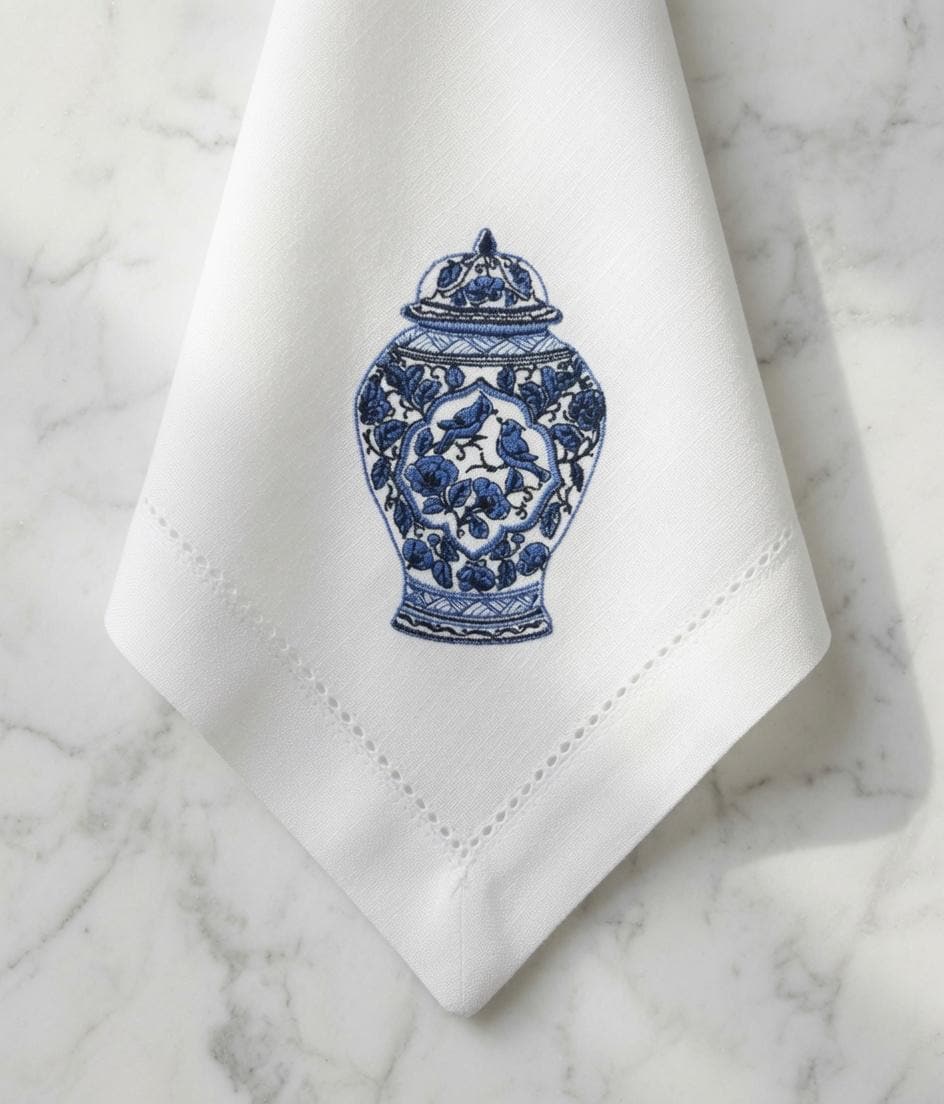 Set of 2 pcs Custom Embroidered Blue Ginger Jar Napkin Chinoiserie Porcelain Vase with Birds Floral Cloth Handkerchief Gift Made to Order
