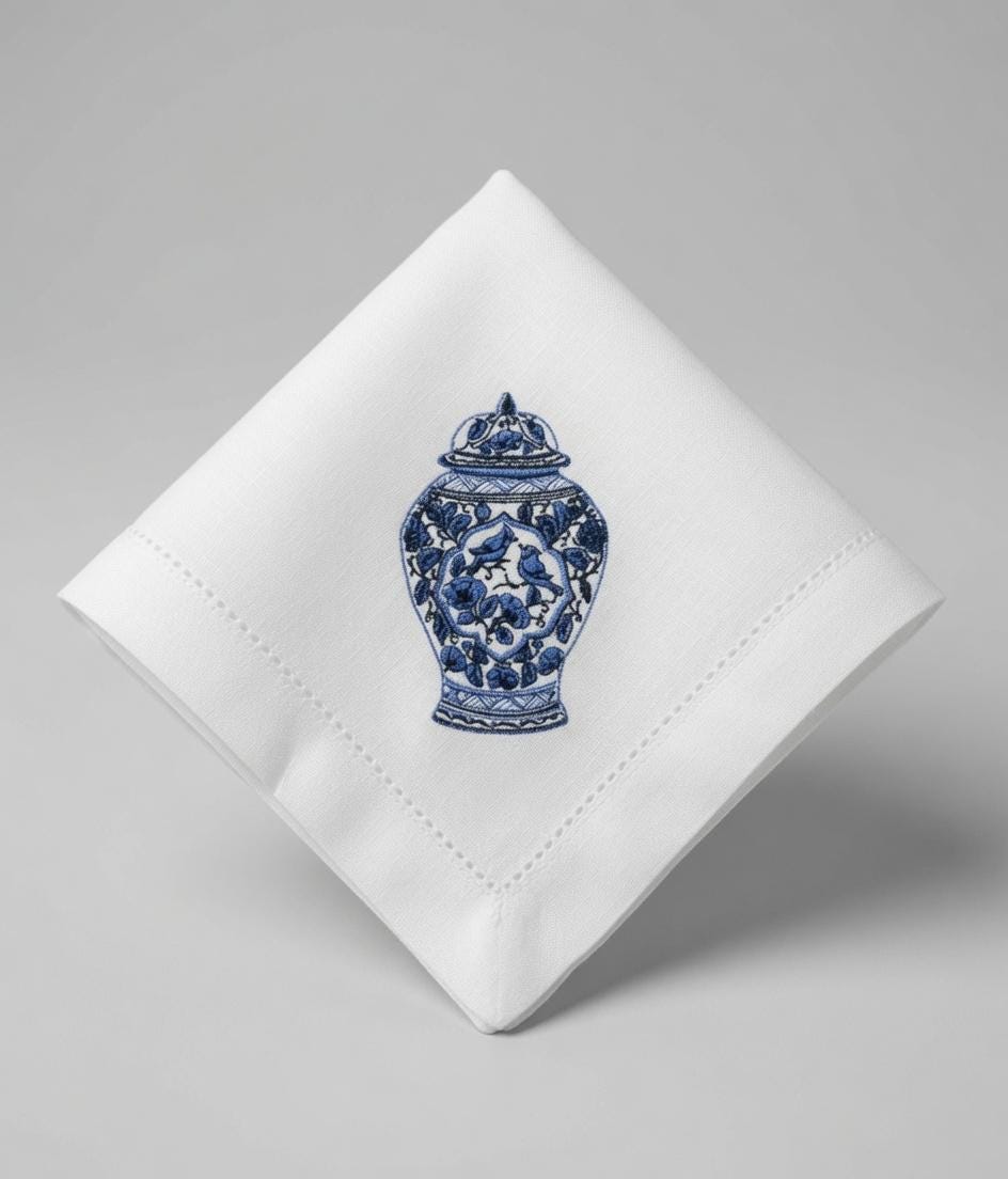 Set of 2 pcs Custom Embroidered Blue Ginger Jar Napkin Chinoiserie Porcelain Vase with Birds Floral Cloth Handkerchief Gift Made to Order