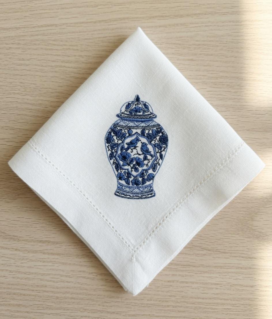 Set of 2 pcs Custom Embroidered Blue Ginger Jar Napkin Chinoiserie Porcelain Vase with Birds Floral Cloth Handkerchief Gift Made to Order
