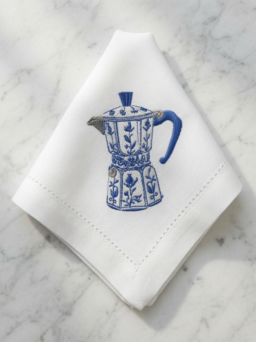 Set of 2 pcs Custom Embroidered Moka Pot Napkin Blue Vintage Coffee Maker Cloth Handkerchief Italian Coffee Gift Made to Order