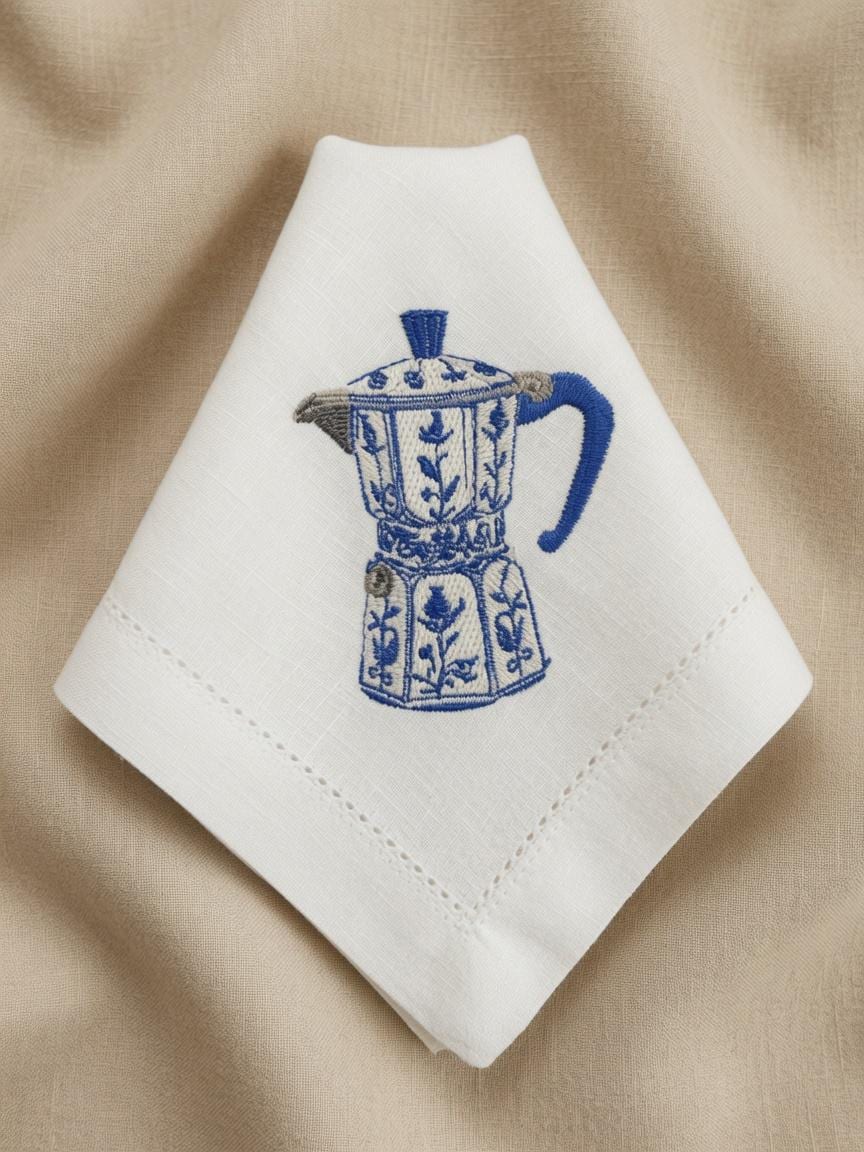 Set of 2 pcs Custom Embroidered Moka Pot Napkin Blue Vintage Coffee Maker Cloth Handkerchief Italian Coffee Gift Made to Order