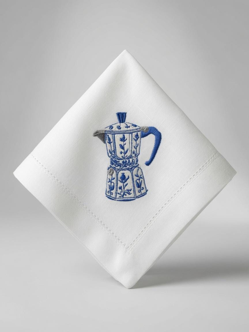 Set of 2 pcs Custom Embroidered Moka Pot Napkin Blue Vintage Coffee Maker Cloth Handkerchief Italian Coffee Gift Made to Order