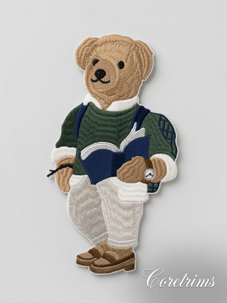 Studious Teddy Bear Patch – Bookworm Bear with Glasses & Book Embroidered Iron-On Appliqué