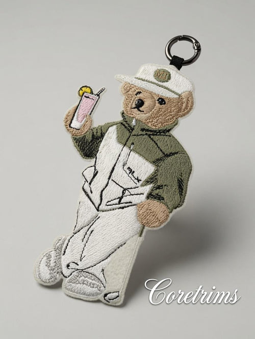 Cool Teddy Bear Keychain – Drink & Cap Embroidered Bag Charm Keyring, Summer Vibes Bear