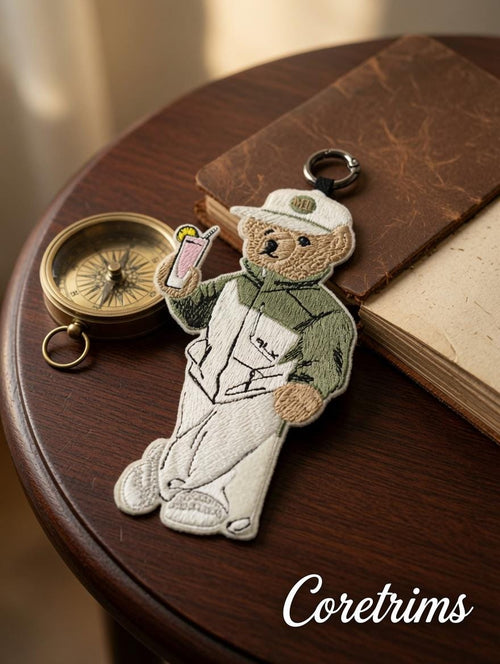 Cool Teddy Bear Keychain – Drink & Cap Embroidered Bag Charm Keyring, Summer Vibes Bear