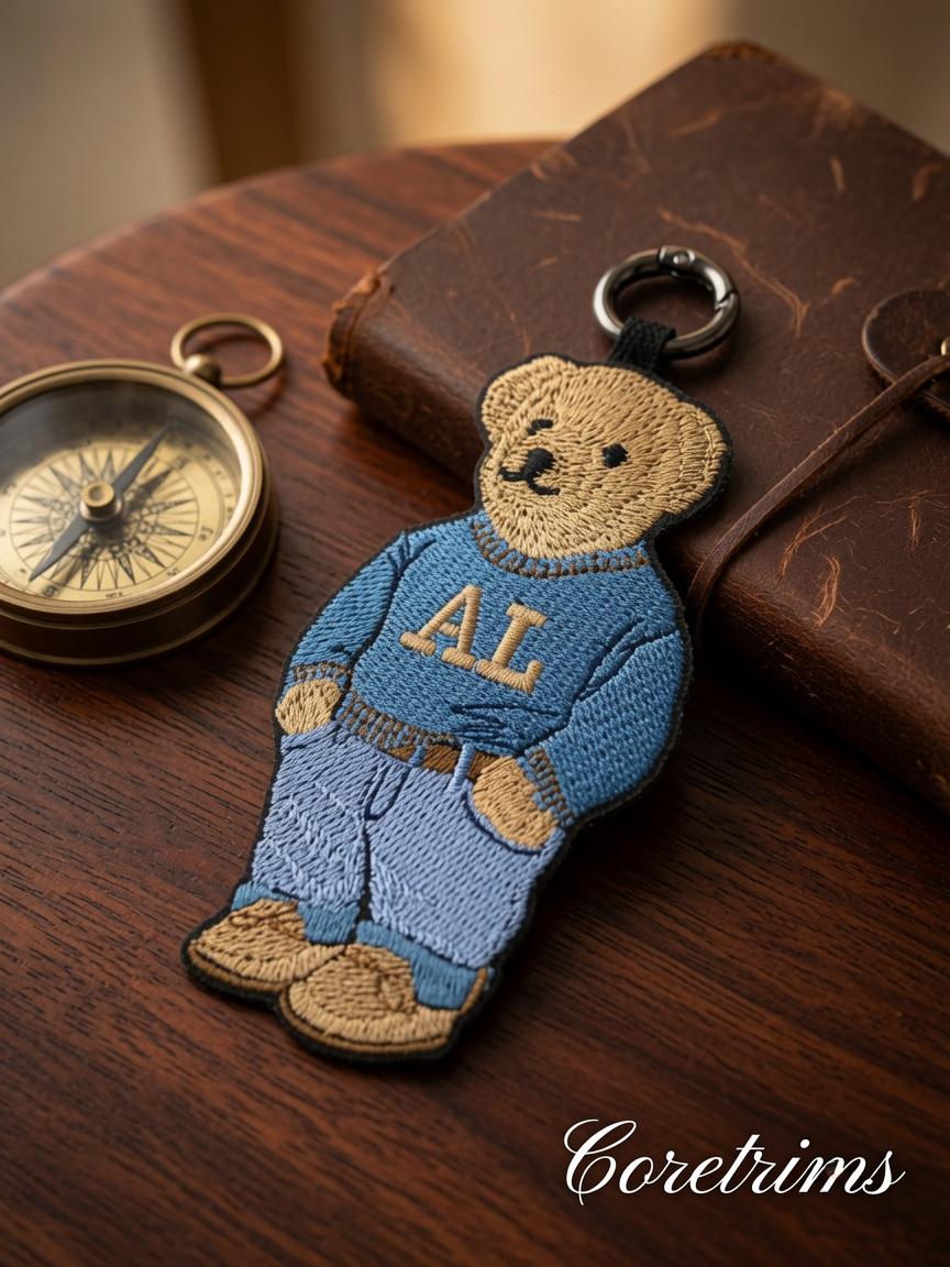 Polo Teddy Bear Keychain – Blue Sweater with AL Embroidery, Embroidered Bag Charm Keyring