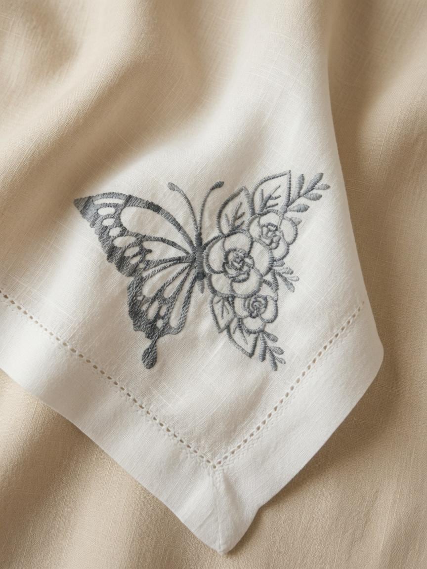 Custom Embroidered Butterfly Floral Napkin Black Thread Butterfly Handkerchief Elegant Table Setting Gift Made to Order  set of two