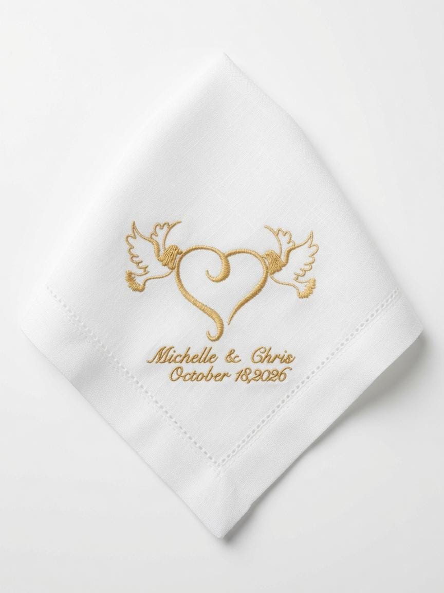 Custom Wedding Embroidered Handkerchief Gold Doves Heart Couple Napkin Personalized Michelle & Chris October 18 2026 Gift. Set of 2