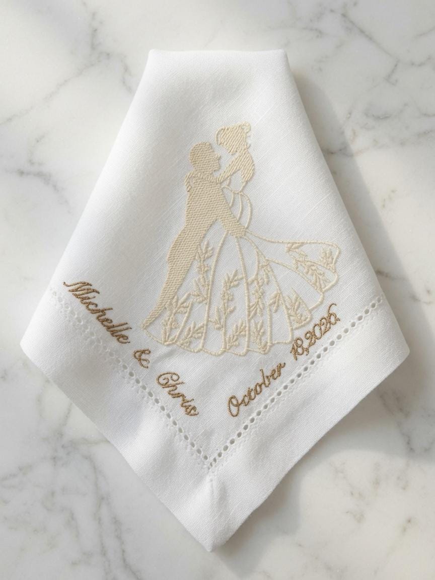 Custom Wedding Embroidered Handkerchief Bride Groom Silhouette Gold Couple Napkin Personalized Michelle & Chris Oct.18 2026 Gift . Set of 2