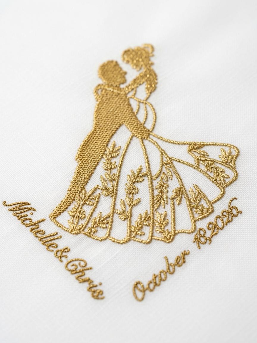 Custom Wedding Embroidered Handkerchief Bride Groom Silhouette Gold Couple Napkin Personalized Michelle & Chris Oct.18 2026 Gift . Set of 2