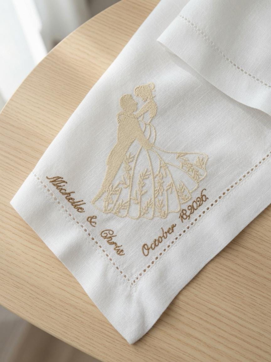 Custom Wedding Embroidered Handkerchief Bride Groom Silhouette Gold Couple Napkin Personalized Michelle & Chris Oct.18 2026 Gift . Set of 2